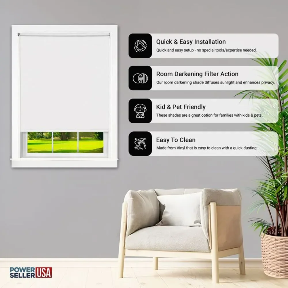 PowerSellerUSA Vinyl Roller Shades, Room Darkening 8-Gauge Thick, Cordless